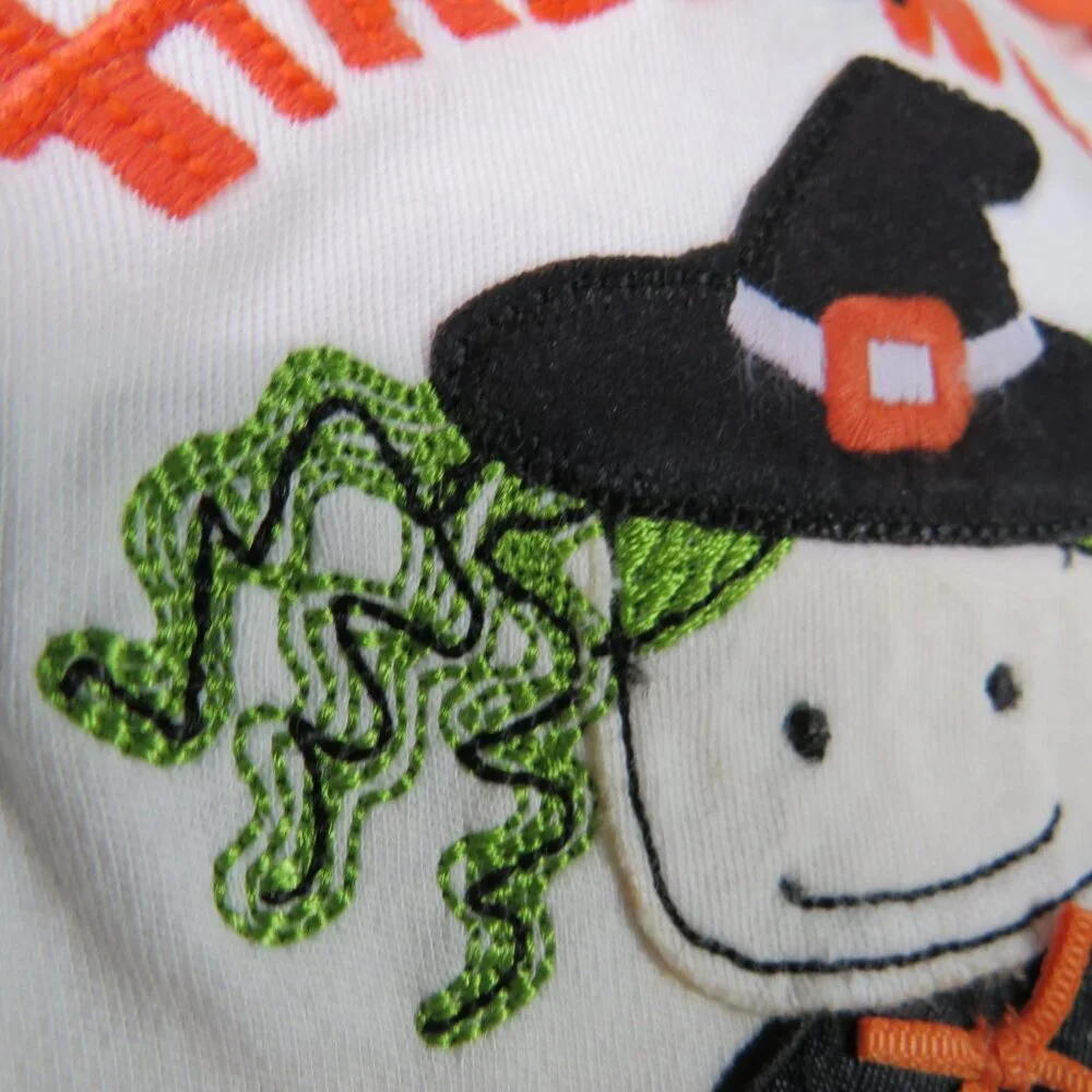 Baby Bib My First Halloween w embroidered witch, black cat & jack-o'-lantern